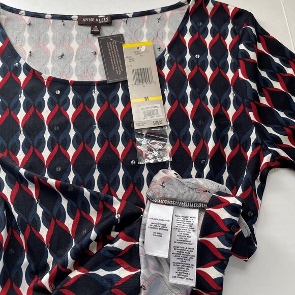 Anne Klein New York Silk Print Short Sleeve Stretch Top Size M Red Blue Sequins - Picture 6 of 15